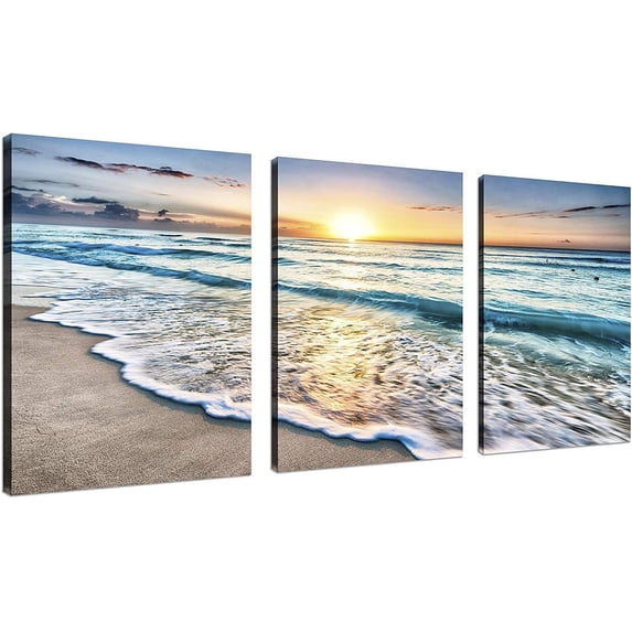 3-Piece Blue Beach Canvas Wall Art Set, Sunset Ocean Waves Seascape ...
