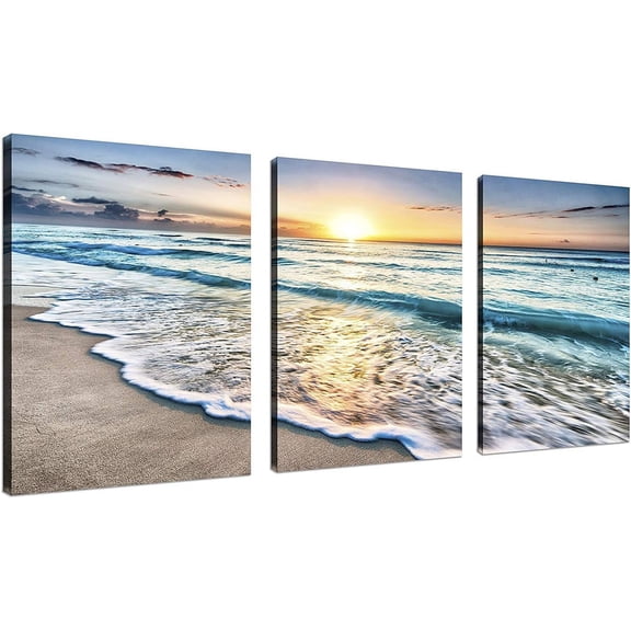 3-Piece Blue Beach Canvas Wall Art Set, Sunset Ocean Waves Seascape Prints, Framed & Ready to Hang Decor for Living Room Bedroom Bathroom