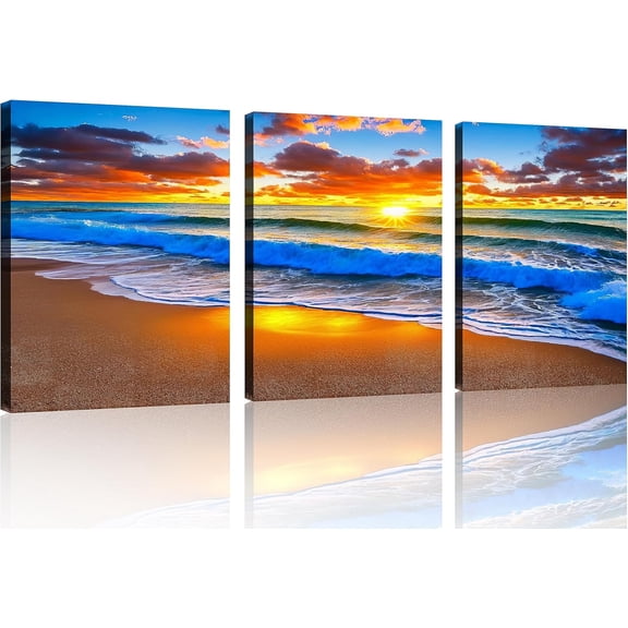 3-Piece Blue Beach Canvas Wall Art Set, Sunset Ocean Waves Seascape Prints, Framed & Ready to Hang Decor for Living Room Bedroom Bathroom