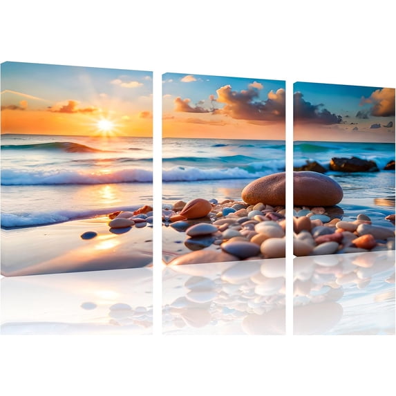 3-Piece Blue Beach Canvas Wall Art Set, Sunset Ocean Waves Seascape Prints, Framed & Ready to Hang Decor for Living Room Bedroom Bathroom