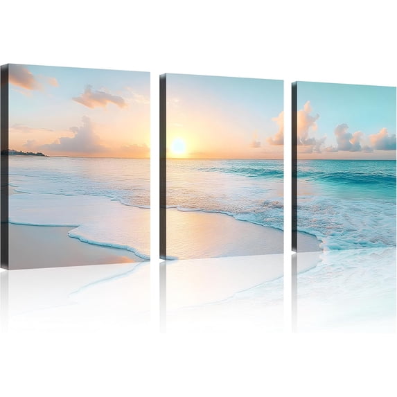3-Piece Blue Beach Canvas Wall Art Set, Sunset Ocean Waves Seascape Prints, Framed & Ready to Hang Decor for Living Room Bedroom Bathroom