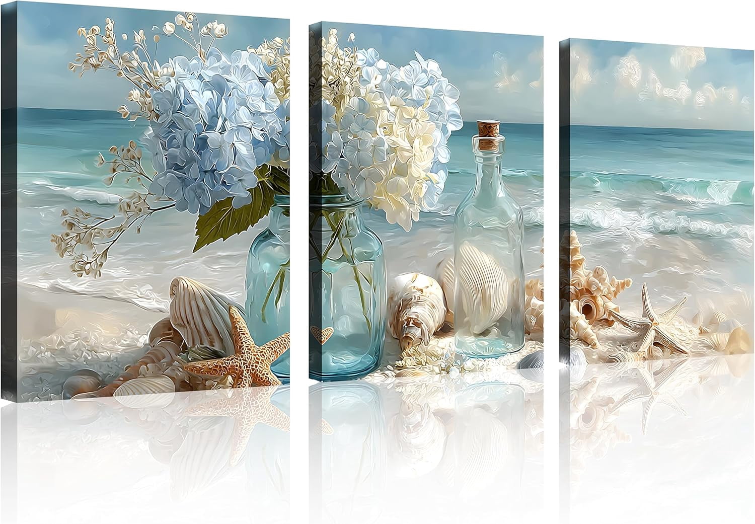 3-Piece Blue Beach Canvas Wall Art Set, Sunset Ocean Waves Seascape ...