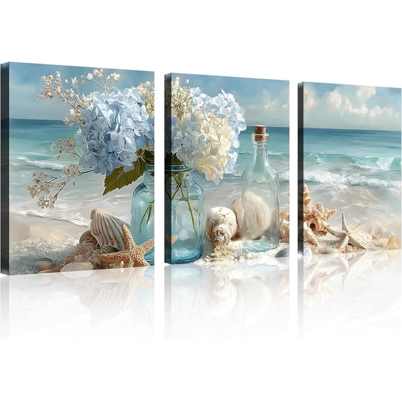 3-Piece Blue Beach Canvas Wall Art Set, Sunset Ocean Waves Seascape Prints, Framed & Ready to Hang Decor for Living Room Bedroom Bathroom