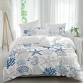 thumbnail image 1 of 3 Piece Blue Beige Coastal Duvet Cover Set Twin Size,Microfiber Comforter/Quilt Cover with Corner Ties and 2 Pillowcases,Summer Beach Starfish Coral Nautical All Season Bedding with Zipper Closure, 1 of 8