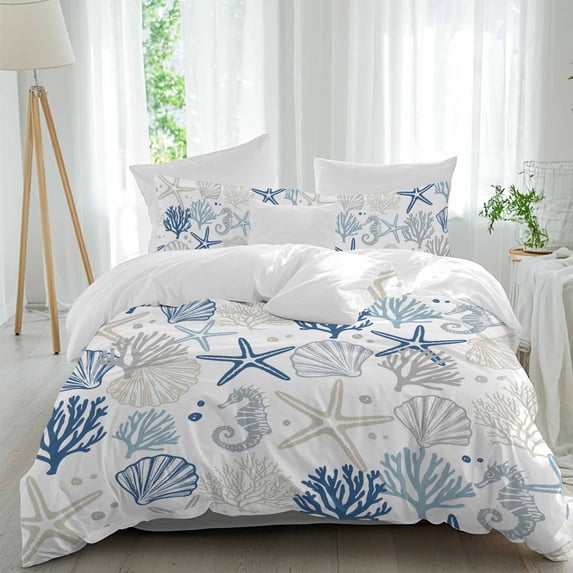 3 Piece Blue Beige Coastal Duvet Cover Set Twin Size,Microfiber Comforter/Quilt Cover with Corner Ties and 2 Pillowcases,Summer Beach Starfish Coral Nautical All Season Bedding with Zipper Closure