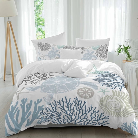 3 Piece Blue Beige Coastal Turtle Duvet Cover Set Full Size, Microfiber Comforter/Quilt Cover with Corner Ties and 2 Pillowcases, Ocean Coral Nautical All Season Soft Bedding with Zipper Closure
