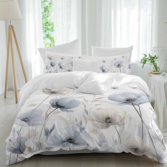 3 Piece Blue Beige Spring Floral Duvet Cover Set Queen Size,Microfiber Comforter/Quilt Cover with Corner Ties and 2 Pillowcases,Summer Botanical Watercolor All Season Soft Bedding with Zipper Closure
