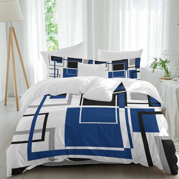 3 Piece Blue Black Geometric Duvet Cover Set Twin Size,Microfiber Comforter/Quilt Cover with Corner Ties and 2 Pillowcases,Modern Minimalist Abstract Stripes All Season Bedding with Zipper Closure