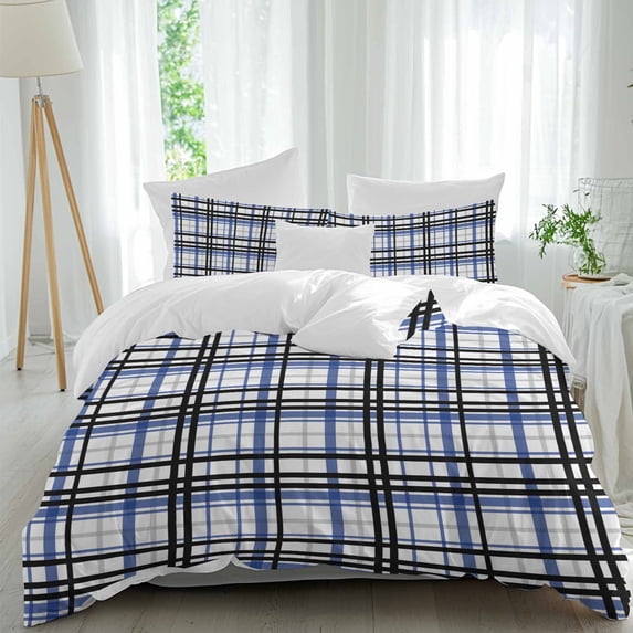 3 Piece Blue Black Plaid Duvet Cover Set Twin Size, Microfiber Comforter/Quilt Cover with Corner Ties and 2 Pillowcases, Farmhouse Blue Black Checkered All Season Soft Bedding with Zipper Closure