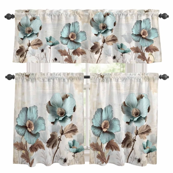 3 Piece Blue Broccoli Kitchen Curtain Valance and Tiers Set Vintage Flower Victorian Style Rod Pocket Tier Curtain 24 Inch Small Window Drapes for Living Room Bedroom Cafe Home Decor