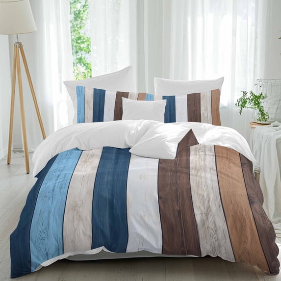 3 Piece Blue Brown Farmhouse Duvet Cover Set Twin Size, Microfiber Comforter/Quilt Cover with Corner Ties and 2 Pillowcases, Vintage Retro Wooden All Season Soft Bedding with Zipper Closure
