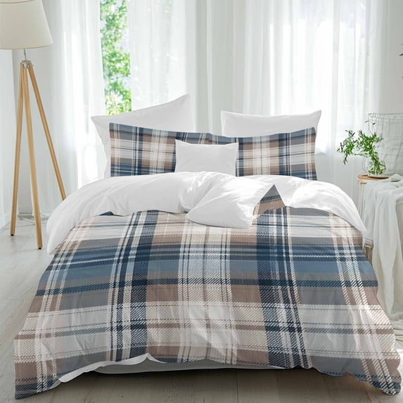 3 Piece Blue Brown Plaid Duvet Cover Set Queen Size, Microfiber Comforter/Quilt Cover with Corner Ties and 2 Pillowcases, Vintage Abstract Stripes Lattice All Season Soft Bedding with Zipper Closure