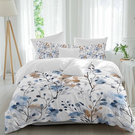 3 Piece Blue Brown Spring Floral Duvet Cover Set Twin Size, Microfiber Comforter/Quilt Cover with Corner Ties and 2 Pillowcases, Summer Botanical Art All Season Soft Bedding with Zipper Closure