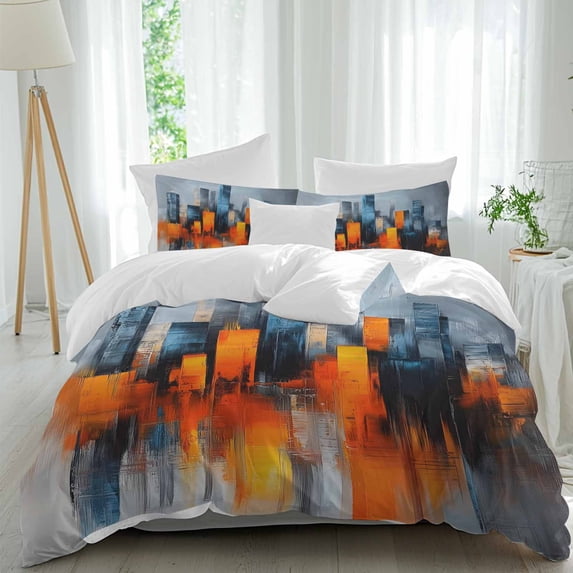 3 Piece Blue Burnt Orange Duvet Cover Set Twin Size,Microfiber Comforter/Quilt Cover with Corner Ties and 2 Pillowcases,Modern Oil Painting Geometric Abstract All Season Bedding with Zipper Closure