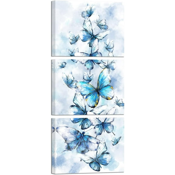 3 Piece Blue Butterfly Canvas Wall Art Decor Modern Watercolor Butterflies Painting Picture Print for Living Room Bedroom Bathroom Navy Blue Decorations