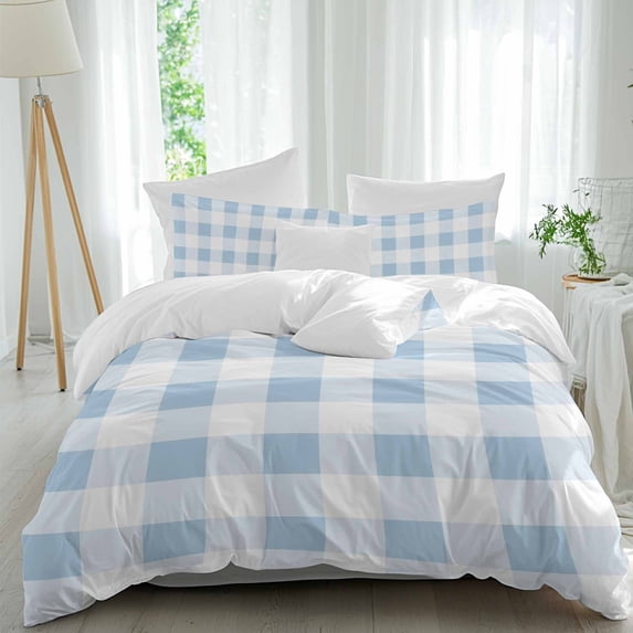 3 Piece Blue Checkered Duvet Cover Set California King, Microfiber Comforter/Quilt Cover with Corner Ties and 2 Pillowcases, Blue White Buffalo Plaid All Season Soft Bedding with Zipper Closure