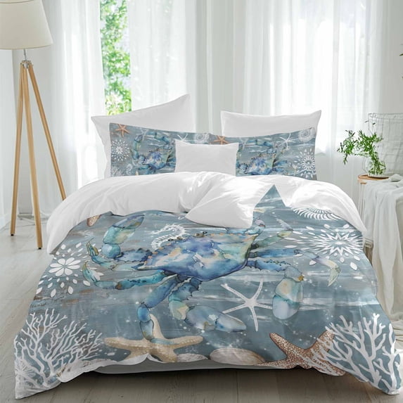 3 Piece Blue Crab Coastal Duvet Cover Set Full Size,Microfiber Comforter/Quilt Cover with Corner Ties and 2 Pillowcases,Summer Beach Nautical Starfish Coral All Season Bedding with Zipper Closure