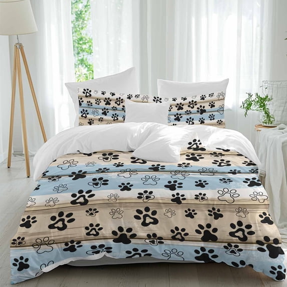 3 Piece Blue Dog Paw Print Duvet Cover Set Full Size,Microfiber Comforter/Quilt Cover with Corner Ties and 2 Pillowcases,Vintage Farmhouse Rustic Wooden Grain All Season Bedding with Zipper Closure