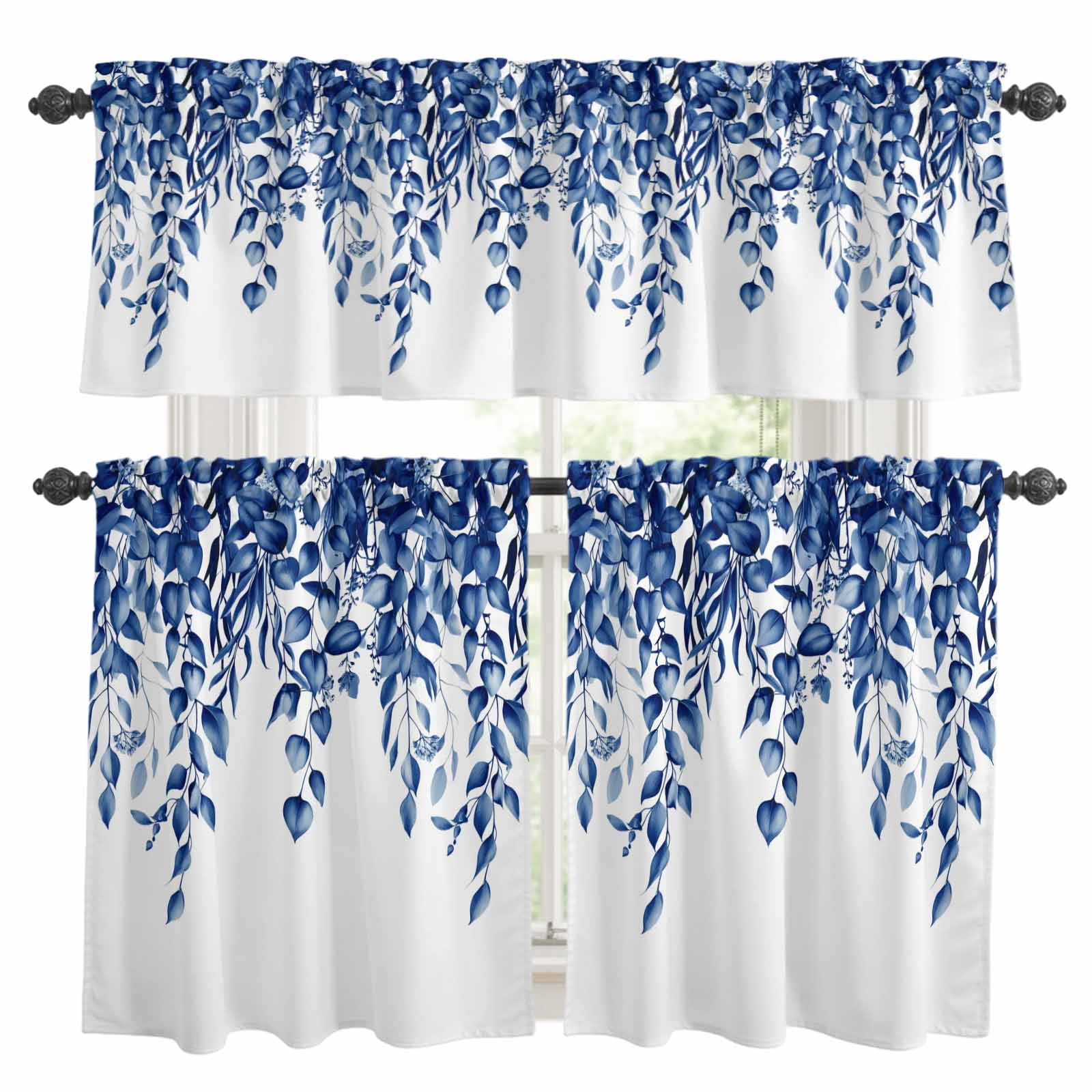 3 Piece Blue Eucalyptus Leaf Kitchen Curtain Valance and Tiers Set ...
