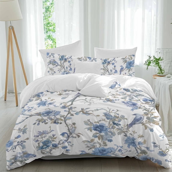 3 Piece Blue Floral Birds Duvet Cover Set Queen Size, Microfiber Comforter/Quilt Cover with Corner Ties and 2 Pillowcases, Farmhouse Flowers Pastoral All Season Soft Bedding with Zipper Closure