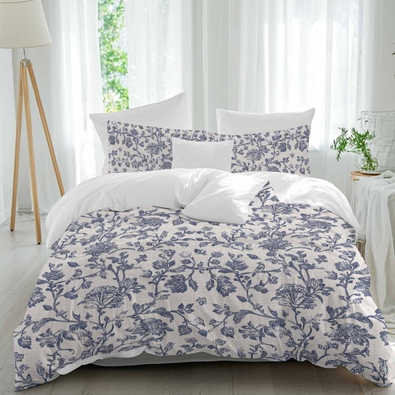 3 Piece Blue Floral Leaf Duvet Cover Set California King,Microfiber Comforter/Quilt Cover with Corner Ties and 2 Pillowcases,Retro Farmhouse Plant Tree Branch All Season Bedding with Zipper Closure