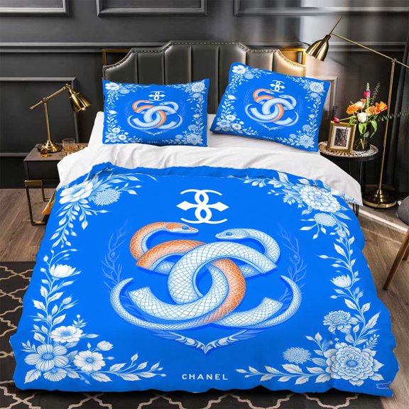3-Piece Blue Floral & Serpent Duvet Cover Set - Intricate Pattern Modern Aesthetic Includes Matching Pillowcases