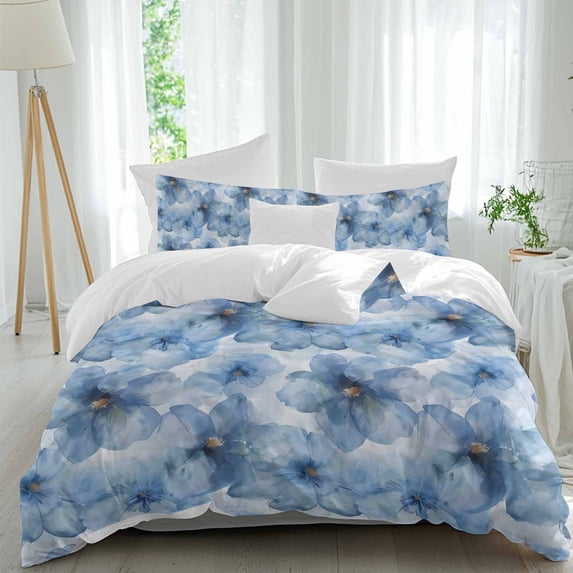 3 Piece Blue Floral Spring Duvet Cover Set California King,Microfiber Comforter/Quilt Cover with Corner Ties and 2 Pillowcases,Watercolor Art Elegant Botanical All Season Bedding with Zipper Closure