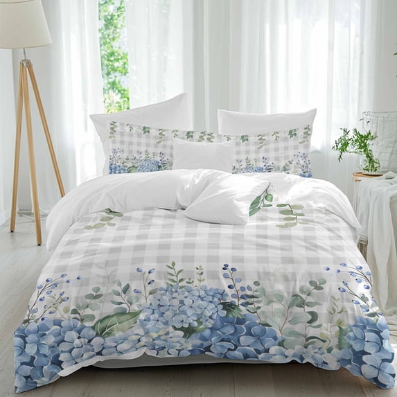 3 Piece Blue Flower Duvet Cover Set Queen Size,Microfiber Comforter/Quilt Cover with Corner Ties and 2 Pillowcases,Grey Plaid Hydrangeas Eucalyptus Leaves All Season Soft Bedding with Zipper Closure