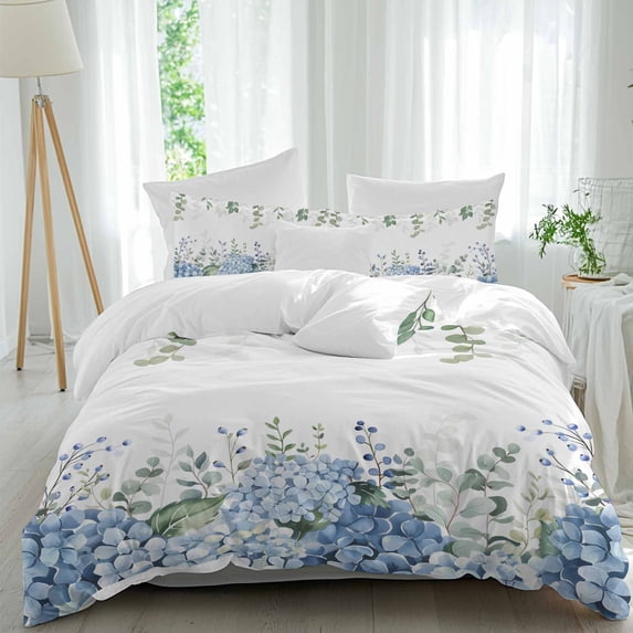 3 Piece Blue Flower Duvet Cover Set Queen Size,Microfiber Comforter/Quilt Cover with Corner Ties and 2 Pillowcases,Sage Green Eucalyptus Leaves Farm Plant All Season Soft Bedding with Zipper Closure