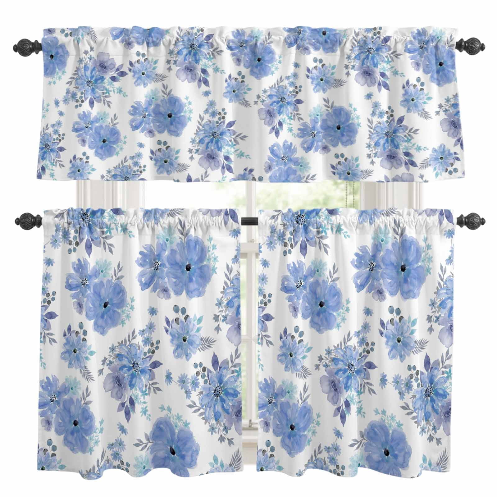 3 Piece Blue Flowers Kitchen Curtain Valance and Tiers Set Watercolors ...