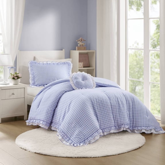 3-Piece Blue Gingham Ruffle Comforter Set - Full/Queen Size Brushed Microfiber Machine Washable