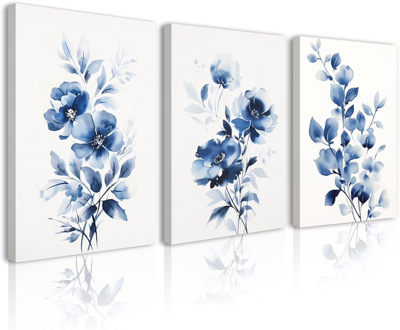 3 Piece Blue and Gold Flower Canvas Wall Art Floral Painting Picture ...