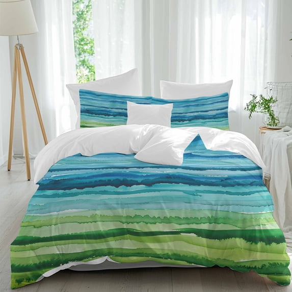 3 Piece Blue Green Duvet Cover Set California King,Microfiber Comforter/Quilt Cover with Corner Ties and 2 Pillowcases,Gradient Watercolor Modern Abstract Art All Season Bedding with Zipper Closure