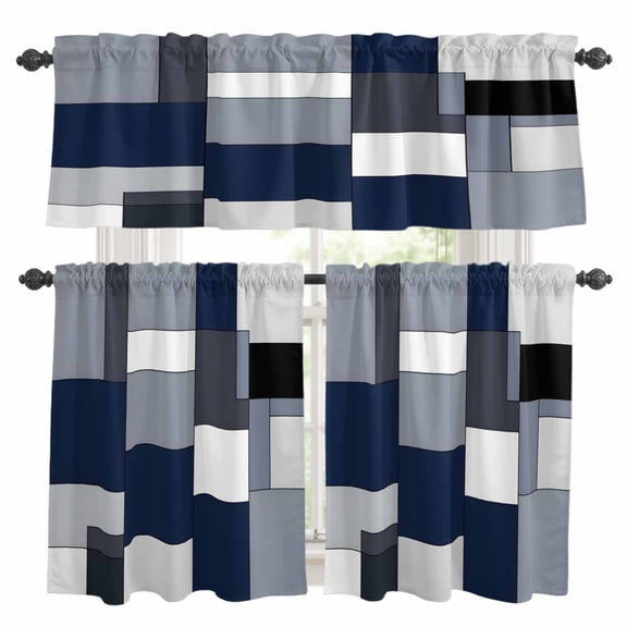 3 Piece Blue Grey Patchwork Kitchen Curtain Valance and Tiers Set Retro Abstract Geometric Art Rod Pocket Tier Curtain 24 Inch Small Window Drapes for Living Room Bedroom Cafe Home Decor