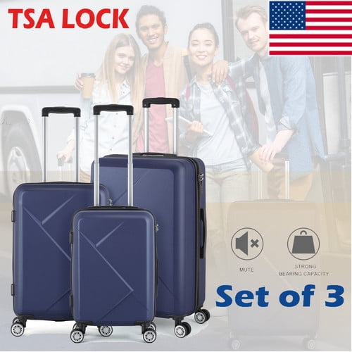 3 Piece Blue Luggage Set Hard Side Lightweight Suitcase 20/24/28In