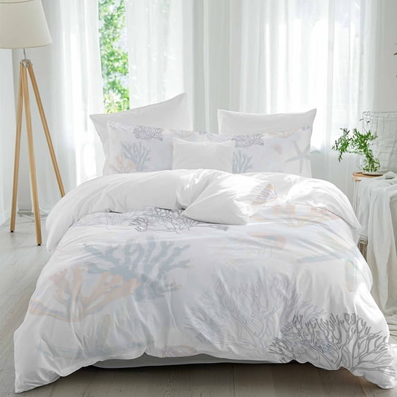 3 Piece Blue Pink Coral Coastal Duvet Cover Set Queen Size,Microfiber Comforter/Quilt Cover with Corner Ties and 2 Pillowcases,Nautical Starfish Summer Beach All Season Bedding with Zipper Closure