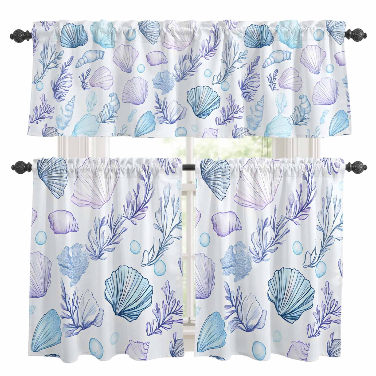 Rod Creature 3 Piece Blue Shell Kitchen Curtain Valance and Tiers Set Conch Purple ...
