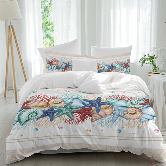 3 Piece Blue Starfish Beach Duvet Cover Set Twin Size,Microfiber Comforter/Quilt Cover with Corner Ties and 2 Pillowcases,Summer Coral Conch Coastal Retro Beige All Season Bedding with Zipper Closure