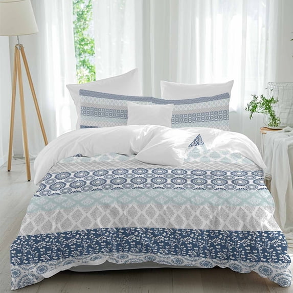 3 Piece Blue Striped Duvet Cover Set Queen Size,Microfiber Comforter/Quilt Cover with Corner Ties and 2 Pillowcases,Boho Modern Geometric Abstract Art Ethnic All Season Bedding with Zipper Closure