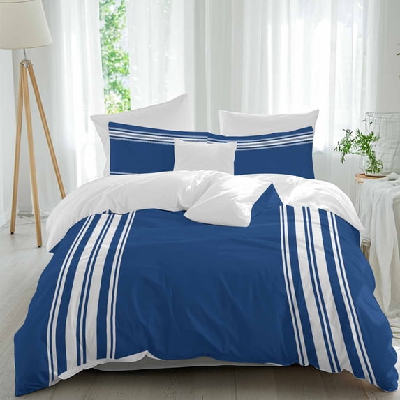 3 Piece Blue Striped Duvet Cover Set Queen Size, Microfiber Comforter/Quilt Cover with Corner Ties and 2 Pillowcases, Farmhouse Blue White Stripes All Season Soft Bedding with Zipper Closure