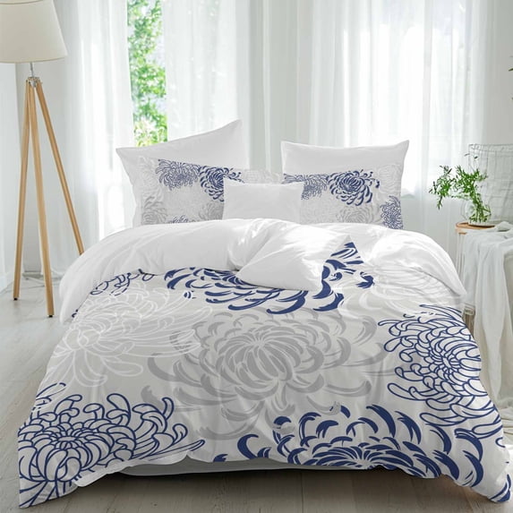 3 Piece Blue White Duvet Cover Set Full Size,Microfiber Comforter/Quilt Cover with Corner Ties and 2 Pillowcases,Abstract Grey Chrysanthemum Flower Floral All Season Soft Bedding with Zipper Closure