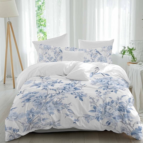3 Piece Blue White Flowers Duvet Cover Set California King,Microfiber Comforter/Quilt Cover with Corner Ties and 2 Pillowcases,Spring Summer Floral Botanical All Season Bedding with Zipper Closure