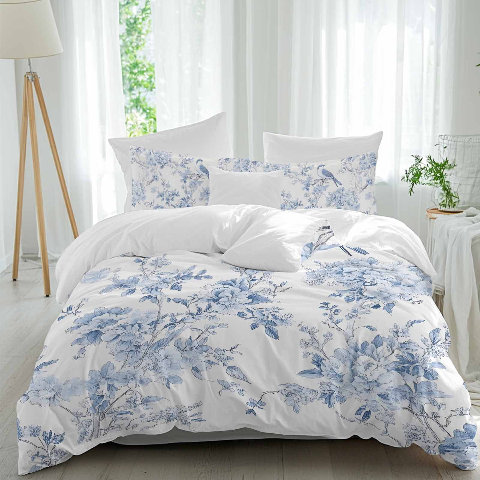 3 Piece Blue White Flowers Duvet Cover Set Full Size, Microfiber ...