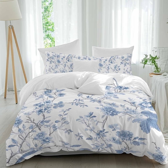 3 Piece Blue White Spring Floral Duvet Cover Set Queen Size, Microfiber Comforter/Quilt Cover with Corner Ties and 2 Pillowcases, Summer Botanical Birds All Season Soft Bedding with Zipper Closure