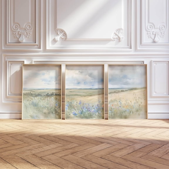 3 Piece Blue Wildflower Landscape Poster Triptych Country House Muted Tone Wall Art Vintage Spring Decor, Poster Only