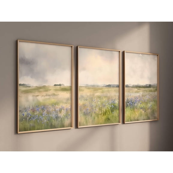 3 Piece Blue Wildflower Landscape Poster Triptych Spring Country Muted Tone Wall Art Vintage Spring Decor, Poster Only