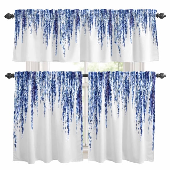 3 Piece Blue Willows Kitchen Curtain Valance and Tiers Set Watercolor Spring Falling Blue Willows Leaf Plant Rod Pocket Tier Curtain 36 Inch Small Window Drapes for Living Room Bedroom Cafe