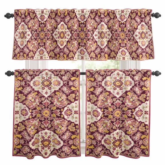 3 Piece Bohemia Ethnic Style Kitchen Curtain Valance and Tiers Set Retro Southwest Pattern Red Rod Pocket Tier Curtain 36 Inch Small Window Drapes for Living Room Bedroom Cafe Home Decor