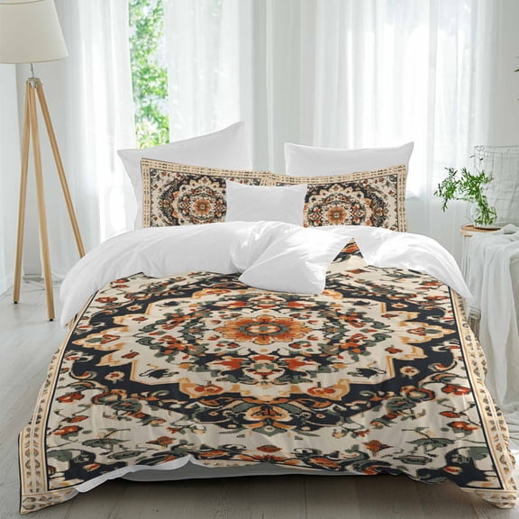 3 Piece Bohemian Floral Duvet Cover Set Twin Size, Microfiber Comforter/Quilt Cover with Corner Ties and 2 Pillowcases, Vintage Boho Retro Ethnic Tribes All Season Soft Bedding with Zipper Closure