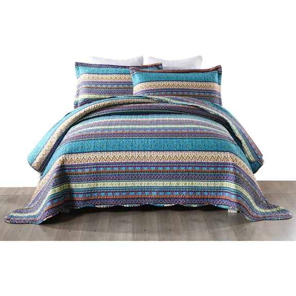 3 Piece Bohemian Quilt Set Quilted Bedspread Printed Quilt Rustic Quilt Set Coverlet Lightweight Bedspread Boho Quilt (Queen)